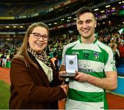 25 January 2020; Eric Lee of Oughterard is presented with the man of the match award by Claire Liston, Sponsorship Brand Manager AIB, following following the AIB GAA Football All-Ireland Intermediate Club Championship Final match between Magheracloone and Oughterard at Croke Park in Dublin. Photo by Ray McManus/Sportsfile