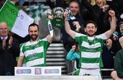 25 January 2020; Oughterard joint-captains, Eddie O'Sullivan, left, and Ronan Malloy of Oughterard lift the cup following the AIB GAA Football All-Ireland Intermediate Club Championship Final match between Magheracloone and Oughterard at Croke Park in Dublin. Photo by Ben McShane/Sportsfile