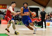 25 January 2020; Joshua Wilson of DBS Eanna in action against Lorcan Murphy of Griffith College Templeogue during the Hula Hoops Pat Duffy National Cup Final between DBS Éanna and Griffith College Templeogue at the National Basketball Arena in Tallaght, Dublin. Photo by Brendan Moran/Sportsfile