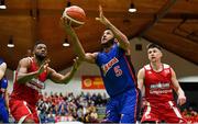 25 January 2020; Joshua Wilson of DBS Eanna in action against Darren Townes, left, and Lorcan Murphy of Griffith College Templeogue during the Hula Hoops Pat Duffy National Cup Final between DBS Éanna and Griffith College Templeogue at the National Basketball Arena in Tallaght, Dublin. Photo by Brendan Moran/Sportsfile