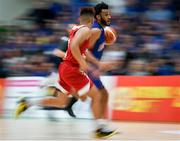 25 January 2020; Joshua Wilson of DBS Eanna in action against Kris Arcilla of Griffith College Templeogue during the Hula Hoops Pat Duffy National Cup Final between DBS Éanna and Griffith College Templeogue at the National Basketball Arena in Tallaght, Dublin. Photo by Harry Murphy/Sportsfile