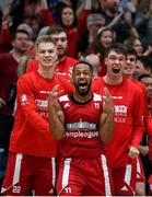 25 January 2020; Griffith College Templeogue players, including Puff Summers, centre, celebrate during the Hula Hoops Pat Duffy National Cup Final between DBS Éanna and Griffith College Templeogue at the National Basketball Arena in Tallaght, Dublin. Photo by Harry Murphy/Sportsfile