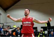 25 January 2020; Jason Killeen of Griffith College Templeogue celebrates at the full-time buzzer following the Hula Hoops Pat Duffy National Cup Final between DBS Éanna and Griffith College Templeogue at the National Basketball Arena in Tallaght, Dublin. Photo by Harry Murphy/Sportsfile