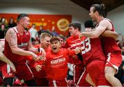 25 January 2020; Griffith College Templeogue players, including Kris Arcilla, centre, celebrate following the Hula Hoops Pat Duffy National Cup Final between DBS Éanna and Griffith College Templeogue at the National Basketball Arena in Tallaght, Dublin. Photo by Harry Murphy/Sportsfile