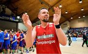 25 January 2020; Jason Killeen of Griffith College Templeogue celebrates after the Hula Hoops Pat Duffy National Cup Final between DBS Éanna and Griffith College Templeogue at the National Basketball Arena in Tallaght, Dublin. Photo by Brendan Moran/Sportsfile