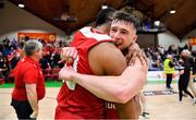 25 January 2020; MVP Lorcan Murphy, right, and Darren Townes of Griffith College Templeogue celebrate after the Hula Hoops Pat Duffy National Cup Final between DBS Éanna and Griffith College Templeogue at the National Basketball Arena in Tallaght, Dublin. Photo by Brendan Moran/Sportsfile