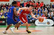 25 January 2020; Lorcan Murphy of Griffith College Templeogue in action against Hillary Netsiyanwa of DBS Eanna during the Hula Hoops Pat Duffy National Cup Final between DBS Éanna and Griffith College Templeogue at the National Basketball Arena in Tallaght, Dublin. Photo by Brendan Moran/Sportsfile