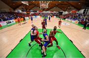 25 January 2020; DBS Eanna players Mark Reynolds and Stefan Zecevic and Griffith College Templeogue players Xabier Arriaga and Darren Townes watch the ball go in for a basket from a free throw by Joshua Wilson of DBS Eanna during the Hula Hoops Pat Duffy National Cup Final between DBS Éanna and Griffith College Templeogue at the National Basketball Arena in Tallaght, Dublin. Photo by Brendan Moran/Sportsfile