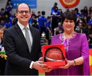 25 January 2020; Secretary General of FIBA World Andreas Zagklis makes a presentation to Basketball Ireland President Theresa Walsh during the Hula Hoops Pat Duffy National Cup Final between DBS Éanna and Griffith College Templeogue at the National Basketball Arena in Tallaght, Dublin. Photo by Brendan Moran/Sportsfile