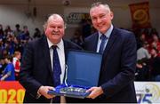 25 January 2020; Secretary general of FIBA Europe Kamil Novak, right, makes a presentation to Basketball Ireland Secretary General Bernard O'Byrne during the Hula Hoops Pat Duffy National Cup Final between DBS Éanna and Griffith College Templeogue at the National Basketball Arena in Tallaght, Dublin. Photo by Brendan Moran/Sportsfile