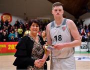 25 January 2020; Ronan O'Sullivan of Tradehouse Central Ballincollig is presented with his international cap by Basketball Ireland President Theresa Walsh after the Hula Hoops President’s National Cup Final between IT Carlow Basketball and Tradehouse Central Ballincollig at the National Basketball Arena in Tallaght, Dublin. Photo by Brendan Moran/Sportsfile