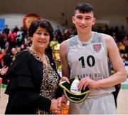 25 January 2020; Dylan Corkery of Tradehouse Central Ballincollig is presented with his international cap by Basketball Ireland President Theresa Walsh after the Hula Hoops President’s National Cup Final between IT Carlow Basketball and Tradehouse Central Ballincollig at the National Basketball Arena in Tallaght, Dublin. Photo by Brendan Moran/Sportsfile