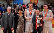 25 January 2020; Tradehouse Central Ballincollig team co-captains Ronan O'Sullivan, left, and Ciaran O’Sullivan are presented with the cup by Paul McDevitt, Chairman, Basketball Ireland, in the company of Basketball Ireland President Theresa Walsh and Bill McCourt, MNC, after the Hula Hoops President’s National Cup Final between IT Carlow Basketball and Tradehouse Central Ballincollig at the National Basketball Arena in Tallaght, Dublin. Photo by Brendan Moran/Sportsfile