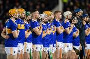 25 January 2020; Tipperary players stand with their hands on their hearts during the playing of the national anthem to highlight the call for health equality for the people of the south-east. The 'Hand on Heart' campaign highlights the present lack of 24/7 cardiac care within the south-east region and is calling for the provision of 24-hour cardiac care at University Hospital Waterford. At present, the south-east is the only region in the country that does not have a 24 hour cardiac care service. Allianz Hurling League Division 1 Group A Round 1 match between Tipperary and Limerick at Semple Stadium in Thurles, Tipperary. Photo by Diarmuid Greene/Sportsfile
