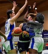 26 January 2020; Alex Mulligan of UU Tigers in action against Kate Hickey, left, and Debbie Ogayemi of Waterford United Wildcats during the Hula Hoops U20 Women’s National Cup Final between Waterford Wildcats and UU Tigers at the National Basketball Arena in Tallaght, Dublin. Photo by Brendan Moran/Sportsfile