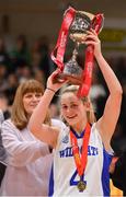 26 January 2020; Waterford United Wildcats captain Abby Flynn lifts the cup after the Hula Hoops U20 Women’s National Cup Final between Waterford Wildcats and UU Tigers at the National Basketball Arena in Tallaght, Dublin. Photo by Brendan Moran/Sportsfile