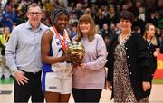 26 January 2020; Debbie Ogayemi of Waterford United Wildcats is presented with the MVP by Margaret Miley, Secretary, NDAC, in the company of John Kennedy, Secretary, Basketball Northern Ireland, and Basketball Ireland President Theresa Walsh after the Hula Hoops U20 Women’s National Cup Final between Waterford Wildcats and UU Tigers at the National Basketball Arena in Tallaght, Dublin. Photo by Brendan Moran/Sportsfile