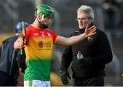 26 January 2020; Carlow manager Colm Bonnar in conversation with David English of Carlow prior to the Allianz Hurling League Division 1 Group B Round 1 match between Clare and Carlow at Cusack Park in Ennis, Clare. Photo by Diarmuid Greene/Sportsfile