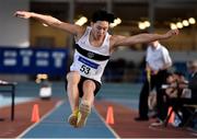 26 January 2020; Sean Chan of Donore Harriers AC, Dublin, competes in the Men's Triple Jump event during the AAI National Indoor League Round 2 at AIT Indoor Arena in Athlone, Westmeath. Photo by Ben McShane/Sportsfile