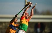 26 January 2020; Edward Byrne of Carlow in action against of Stephen O'Halloran of Clare during the Allianz Hurling League Division 1 Group B Round 1 match between Clare and Carlow at Cusack Park in Ennis, Clare. Photo by Diarmuid Greene/Sportsfile