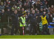 26 January 2020; Monaghan manager Séamus McEnaney and Galway manager Padraic Joyce react to decision during the Allianz Football League Division 1 Round 1 match between Galway and Monaghan at Pearse Stadium in Galway. Photo by Daire Brennan/Sportsfile