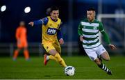 26 January 2020; Jack Byrne of Shamrock Rovers in action against Ali Coote of Waterford United during the Pre-Season Friendly match between Waterford and Shamrock Rovers at RSC in Waterford. Photo by David Fitzgerald/Sportsfile