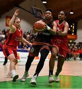 26 January 2020; Christa Reed of Pyrobel Killester in action against Danielle O'Leary and Treyanna Clay of Singleton Supervalu Brunell during the Hula Hoops Paudie O’Connor National Cup Final between Singleton SuperValu Brunell and Pyrobel Killester at the National Basketball Arena in Tallaght, Dublin. Photo by Brendan Moran/Sportsfile