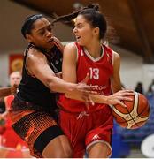 26 January 2020; Alex Macheta of Singleton Supervalu Brunell in action against Adella Randle El of Pyrobel Killester during the Hula Hoops Paudie O’Connor National Cup Final between Singleton SuperValu Brunell and Pyrobel Killester at the National Basketball Arena in Tallaght, Dublin. Photo by Brendan Moran/Sportsfile