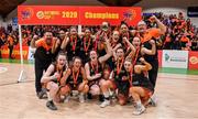 26 January 2020; The Pyrobel Killester team celebrate with the cup after the Hula Hoops Paudie O’Connor National Cup Final between Singleton SuperValu Brunell and Pyrobel Killester at the National Basketball Arena in Tallaght, Dublin. Photo by Brendan Moran/Sportsfile