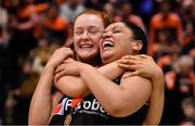 26 January 2020; Pyrobel Killester players Ciara Curran, left, and Leah Rutherford celebrate after the Hula Hoops Paudie O’Connor National Cup Final between Singleton SuperValu Brunell and Pyrobel Killester at the National Basketball Arena in Tallaght, Dublin. Photo by Brendan Moran/Sportsfile