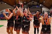 26 January 2020; Pyrobel Killester co-captain Aisling McCann, centre, and her team-mates celebrate with the cup after the Hula Hoops Paudie O’Connor National Cup Final between Singleton SuperValu Brunell and Pyrobel Killester at the National Basketball Arena in Tallaght, Dublin. Photo by Brendan Moran/Sportsfile