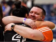 26 January 2020; Pyrobel Killester coach Karl Kilbride clebrates with Leah Rutherford after the Hula Hoops Paudie O’Connor National Cup Final between Singleton SuperValu Brunell and Pyrobel Killester at the National Basketball Arena in Tallaght, Dublin. Photo by Brendan Moran/Sportsfile