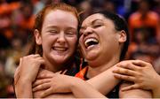 26 January 2020; Ciara Curran, left, and Leah Rutherford of Pyrobel Killester celebrate after the Hula Hoops Paudie O’Connor National Cup Final between Singleton SuperValu Brunell and Pyrobel Killester at the National Basketball Arena in Tallaght, Dublin. Photo by Brendan Moran/Sportsfile