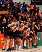 26 January 2020; The Pyrobel Killester team celebrate with the cup in front of their supporters after the Hula Hoops Paudie O’Connor National Cup Final between Singleton SuperValu Brunell and Pyrobel Killester at the National Basketball Arena in Tallaght, Dublin. Photo by Brendan Moran/Sportsfile