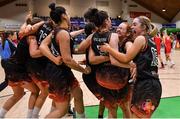 26 January 2020; Pyrobel Killester players celebrate at the final buzzer of the Hula Hoops Paudie O’Connor National Cup Final between Singleton SuperValu Brunell and Pyrobel Killester at the National Basketball Arena in Tallaght, Dublin. Photo by Brendan Moran/Sportsfile