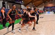 26 January 2020; Rebecca Nagle, centre, and Adella Randle El of Pryobel Killester celebrate at the final buzzer of the Hula Hoops Paudie O’Connor National Cup Final between Singleton SuperValu Brunell and Pyrobel Killester at the National Basketball Arena in Tallaght, Dublin. Photo by Brendan Moran/Sportsfile