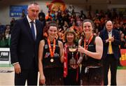 26 January 2020; Pyrobel Killester co-captains Rebecca Nagle and Aisling McCann are presented with the cup by Mary baneham, in the company of Kamil Novak, Secretary General of FIBA Europe, after the Hula Hoops Paudie O’Connor National Cup Final between Singleton SuperValu Brunell and Pyrobel Killester at the National Basketball Arena in Tallaght, Dublin. Photo by Brendan Moran/Sportsfile