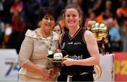 26 January 2020; Aisling McCann of Pyrobel Killester is presented with her international cap by Basketball Ireland President Theresa Walsh after the Hula Hoops Paudie O’Connor National Cup Final between Singleton SuperValu Brunell and Pyrobel Killester at the National Basketball Arena in Tallaght, Dublin. Photo by Brendan Moran/Sportsfile