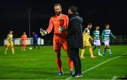 26 January 2020; Alan Mannus of Shamrock Rovers speaks with manager Stephen Bradley at half time during the Pre-Season Friendly match between Waterford United and Shamrock Rovers at RSC in Waterford. Photo by David Fitzgerald/Sportsfile