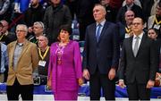 25 January 2020; Basketball Ireland President Theresa Walsh stands for Amhrán na bhFiann with, from left, CEO of Sport Ireland John Treacy, Secretary General of FIBA Europe Kamil Novak and Secretary General of FIBA World Andreas Zagklis prior to the Hula Hoops Pat Duffy National Cup Final between DBS Éanna and Griffith College Templeogue at the National Basketball Arena in Tallaght, Dublin. Photo by Brendan Moran/Sportsfile