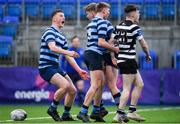 27 January 2020; Conor Dunne of St Vincents Castleknock College is congratulated by team-mates Fionn Gibbons, left, and Conor Duggan after scoring his side's third try during the Bank of Ireland Leinster Schools Senior Cup First Round match between Cistercian College, Roscrea and St Vincent’s Castleknock College at Energia Park in Dublin. Photo by David Fitzgerald/Sportsfile
