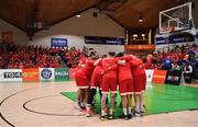 25 January 2020; The Griffith College Templeogue team huddle prior to the Hula Hoops Pat Duffy National Cup Final between DBS Éanna and Griffith College Templeogue at the National Basketball Arena in Tallaght, Dublin. Photo by Brendan Moran/Sportsfile