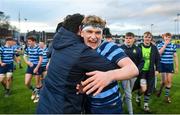 27 January 2020; Fergus Stanley of St Vincents Castleknock College is congratulated by a team-mate following the Bank of Ireland Leinster Schools Senior Cup First Round match between Cistercian College, Roscrea and St Vincent’s Castleknock College at Energia Park in Dublin. Photo by David Fitzgerald/Sportsfile