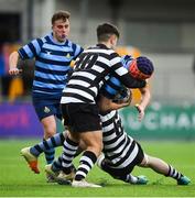 27 January 2020; Stephen Callinan of St Vincents Castleknock College is tackled by Bill Burns, right, and Dylan Keane of Cistercian College, Roscrea during the Bank of Ireland Leinster Schools Senior Cup First Round match between Cistercian College, Roscrea and St Vincent’s Castleknock College at Energia Park in Dublin. Photo by David Fitzgerald/Sportsfile