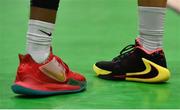 25 January 2020; The basketball shoes of Paris Ballingar of DBS Eanna, left, and Kris Arcilla of Griffith College Templeogue during the Hula Hoops Pat Duffy National Cup Final between DBS Éanna and Griffith College Templeogue at the National Basketball Arena in Tallaght, Dublin. Photo by Brendan Moran/Sportsfile