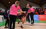 26 January 2020; Leah Rutherford of Pyrobel Killester runs out onto the court prior to the Hula Hoops Paudie O’Connor National Cup Final between Singleton SuperValu Brunell and Pyrobel Killester at the National Basketball Arena in Tallaght, Dublin. Photo by Brendan Moran/Sportsfile