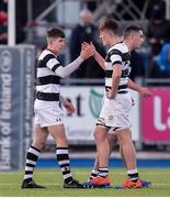 28 January 2020; James Dillon, left, and Donnchadh McCarthy of Belvedere College celebrate after the Bank of Ireland Leinster Schools Senior Cup First Round match between Belvedere College and St Mary’s College at Energia Park in Dublin. Photo by Daire Brennan/Sportsfile