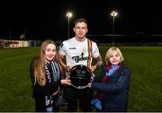 28 January 2020; Bohemians captain Rob Cornwall is presented with the Vincent Hoey Perpetual Trophy by Vincents Hoeys grandchildren, Lucy Phillips, age 13, and Henry Hoey, age 7, following the pre-season friendly match between Drogheda United and Bohemians at United Park in Drogheda, Co Louth. Photo by Eóin Noonan/Sportsfile