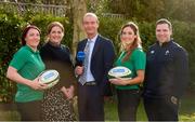 29 January 2020; Presenters Daire O'Brien and Fiona Coghlan with Ireland players Lindsay Peat, left, and Eimear Considine and head coach Adam Griggs in attendance during the launch of RTÉ's Six Nations Coverage at the RTÉ Television Centre in Dublin. Photo by Matt Browne/Sportsfile