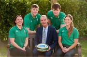 29 January 2020; Presenter Daire O'Brien with Ireland players Lindsay Peat, left, and Eimear Considine with Ireland U20 players Mark Hernan, left, and Brian Deeny in attendance during the launch of RTÉ's Six Nations Coverage at the RTÉ Television Centre in Dublin. Photo by Matt Browne/Sportsfile